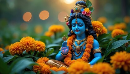 Blue Vishnu idol adorned with marigold garlands sits in rich green foliage. Golden sunlight filters through, creating serene spiritual atmosphere. Deity holds symbolic gesture, perfect for religious