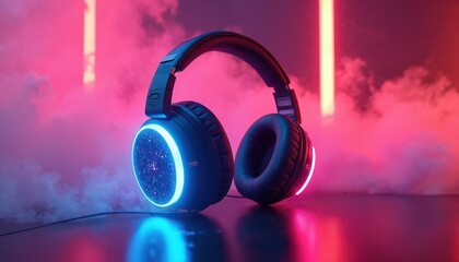 Futuristic headphones with glowing neon lights, cosmic design. Vibrant 3D product shot features colorful, misty background. Experience modernity, excitement, advanced audio technology with unique