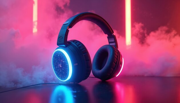 Futuristic headphones with glowing neon lights, cosmic design. Vibrant 3D product shot features colorful, misty background. Experience modernity, excitement, advanced audio technology with unique - Powered by Adobe