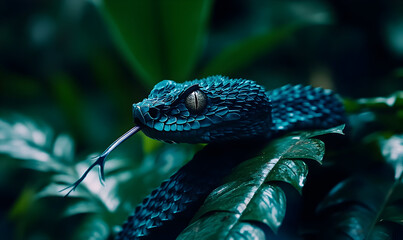 Azure Gaboon Viper in Lush Tropical Foliage