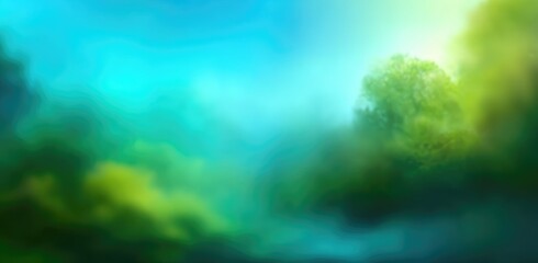 Dreamy abstract scene in shades of teal and green, resembling a fantastical landscape with soft, painterly textures and a glowing, ethereal atmosphere