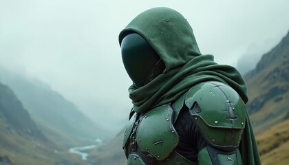 Futuristic soldier in hooded green armor surveys misty mountains and valley. Sci-fi concept art depicts lone warrior in atmospheric, cold, serious environment. Exploration, adventure, future tech.