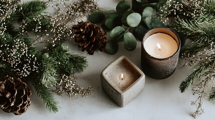Flat lay of minimalist Christmas candles