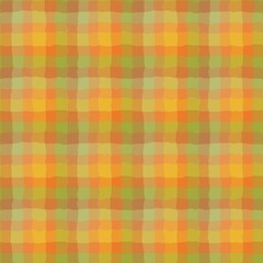 Seamless checkered pattern features a blurry, pixelated or watercolour -like texture with a warm autumnal palette. The squares vary in shades of orange, yellow, and green, creating an organic, cozy