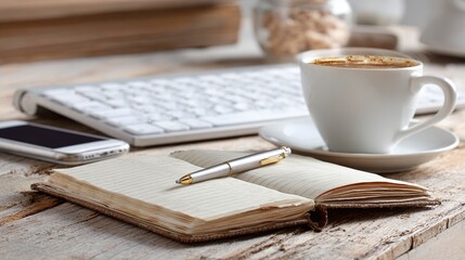 Productive Workspace with Open Notebook and Coffee Cup - Remote Office Setup, Writing Instrument on Wooden Surface, Minimalist Professional Environment