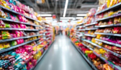 A long aisle in a supermarket, shelves stocked with colorful, pre-packaged foods. Out-of-focus, creating a dreamy, abstract impression of consumerism