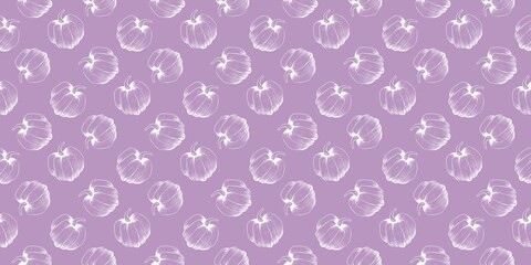 repeating Halloween or autumnal pattern features an elegant outline illustration of pumpkins in white against a deep purple  background. The hand-drawn style and rich colour palette give it a modern 