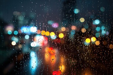 Obraz premium Raindrops on a city window at night. Blurred city lights visible through wet glass