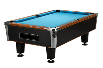 Pool table with blue cloth and wooden trim isolated on a transparent background billiards