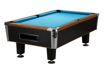 Pool table with blue cloth and wooden trim isolated on a transparent background billiards