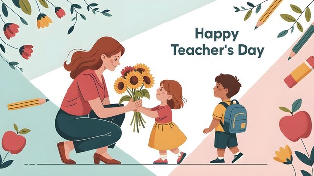 Kid student giving flower to her teacher flat illustration for happy teacher's day background poster concept graphic design.