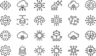 Futuristic Artificial Intelligence Icons Pack – Machine Learning, Neural Network, Cloud Computing, Data Science, AI Brain, Processor Chip, Deep Learning, Automation Technology, and Innovation Vector 