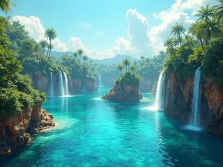 "Tropical floating islands, waterfalls cascading into the ocean, bright colorful cliffs, exotic vegetation, clear turquoise water, surreal yet realistic, 4K photorealistic, cinematic tropical landscap