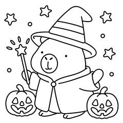 Capybara is enjoying Halloween, easy coloring for kids, vector, illustration, coloring book, coloring page, cozy, cute, bold, comfy