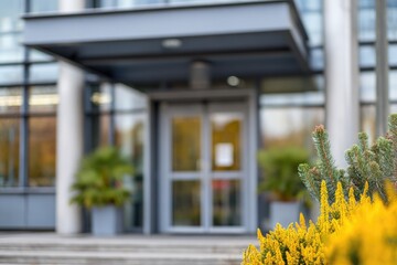 Blurred shot of an office building entrance with silver frame doors and concrete pillars, framed by bright yellow heather and potted plants