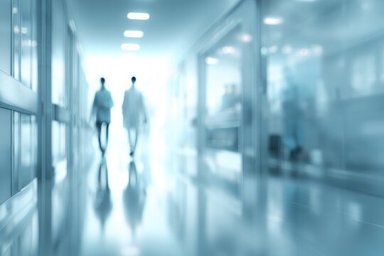 Abstract blurred image of a hospital corridor with two figures in lab coats walking towards a bright light at the end. Focus on the depth of field effect