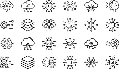 Futuristic Artificial Intelligence Icons Pack – Machine Learning, Neural Network, Cloud Computing, Data Science, AI Brain, Processor Chip, Deep Learning, Automation Technology, and Innovation Vector 