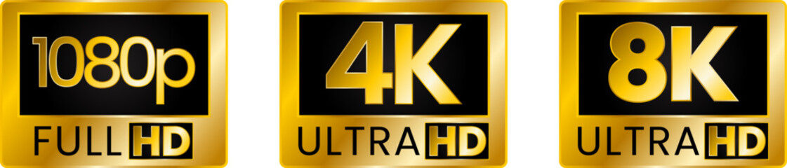 Set of screen resolutions icon label 4k ultra hd, 8k ultra hd, 1080p full hd. Golden video or screen resolution icons