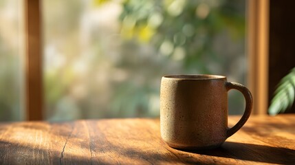 Ceramic mug on wooden table