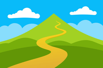 Fototapeta premium Green mountain landscape with winding path and fluffy clouds under blue sky vector illustration