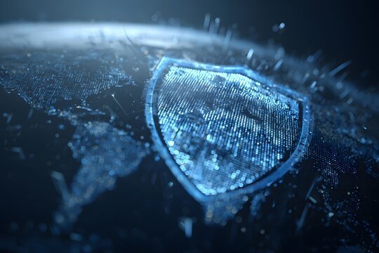 Digital blue background with a world map and security shield symbol, a cyber security concept for online safety or data protection technology in the network system of the global internet. 