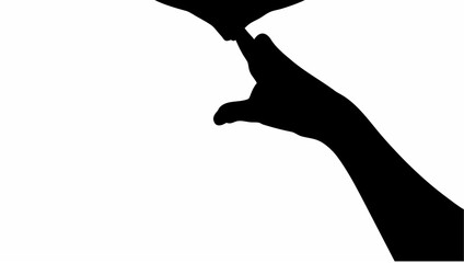 Silhouette of a hand reaching up to touch a dark object against a stark white background creating contrast
