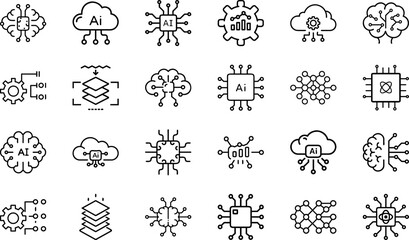 Futuristic Artificial Intelligence Icons Pack – Machine Learning, Neural Network, Cloud Computing, Data Science, AI Brain, Processor Chip, Deep Learning, Automation Technology, and Innovation Vector 