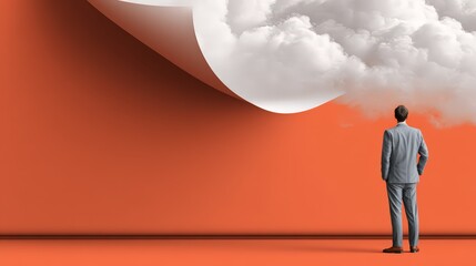 Businessman stands in front of a cloud colorful scene, concept for a new ideas, possibilities, and looking beyond the obvious.