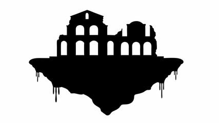 Silhouette of a ruined building with arches on a floating island with dripping edges against a white background