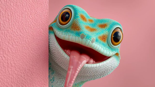 Colorful gecko playfully peeking around a textured pink wall, showcasing vibrant patterns and expressive features, capturing a whimsical moment of curiosity and charm in a lively scene