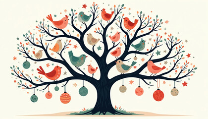 Fototapeta premium Whimsical tree illustration features colorful birds perched on branches adorned with festive ornaments, foliage. Charming artwork displays vibrant flora, fauna, creating cheerful, nature-inspired