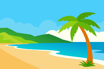 Tropical beach scene vector illustration serene ocean waves palm tree green hills sunny day