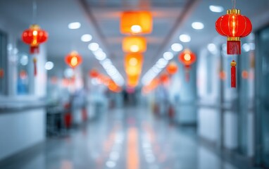 Soft-focus image of a long, sterile hallway decorated with vibrant red lanterns for a festive occasion, casting a warm glow against the cool background