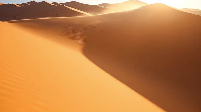 The sun's golden rays illuminate the expansive and undulating sand dunes of a vast arid desert landscape