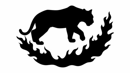 Silhouette of a panther walking above a ring of flames in a black and white graphic design illustration