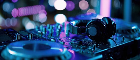 The DJ headphones and mixer on a neon-lit nightclub controller for electronic dance music