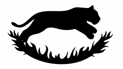 Silhouette of a panther leaping over a semi circular patch of grass in a black and white illustration