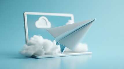 A paper airplane against a light blue background. A modern technology, data transfer, and the abstract idea of information traveling through the "cloud."