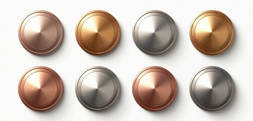 Set of metallic buttons in rose gold, bronze, silver, steel, holographic, gold finishes. Shiny foil design elements suitable for web apps, backgrounds. Round icons feature brushed metal texture,