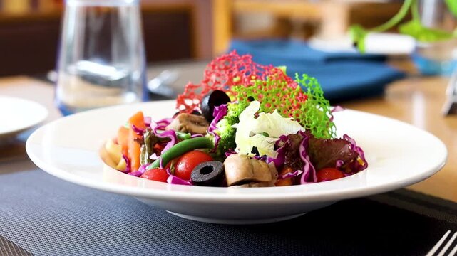 A bowl of fancy salad served on a white plate