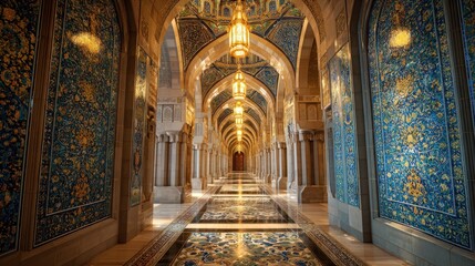 Obraz premium A breathtaking corridor features intricate tile work, vibrant colors, and elegant lighting fixtures, creating a serene atmosphere in the palace during daylight hours.