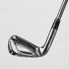 A detailed, monochrome illustration of a metallic golf club head and shaft, angled subtly, against a textured off-white backdrop
