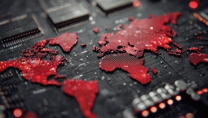A detailed, red, globally-mapped circuit board depicts interconnectedness and technological influence on a worldwide scale, with glowing red nodes representing data points or locations