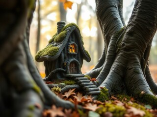 Small moss-covered fairy house with lit windows among tree roots and fallen autumn leaves, Halloween theme.