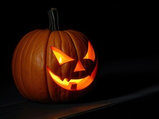 Orange pumpkin with carved triangular eyes, nose, and jagged mouth glowing from inside on dark background for Halloween.