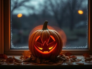 A carved pumpkin with a spooky face sits on a windowsill. The pumpkin glows orange, surrounded by autumn leaves. A dark, moody background enhances the Halloween theme.