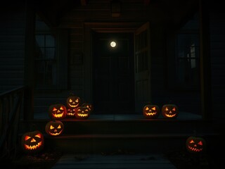 A dark porch illuminated by carved pumpkins with glowing faces. The moon is visible in the night sky, enhancing the Halloween atmosphere.