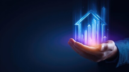 Hand cradles glowing digital house with ascending bars, against a dark background, symbolizing growth and opportunity in real estate
