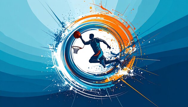 Dynamic basketball player in mid-air, vibrant colors, abstract background