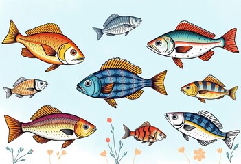 Fototapeta premium Stylish hand-drawn fish illustrations on trendy backgrounds, perfect for posters, banners, and labels, bold, modern